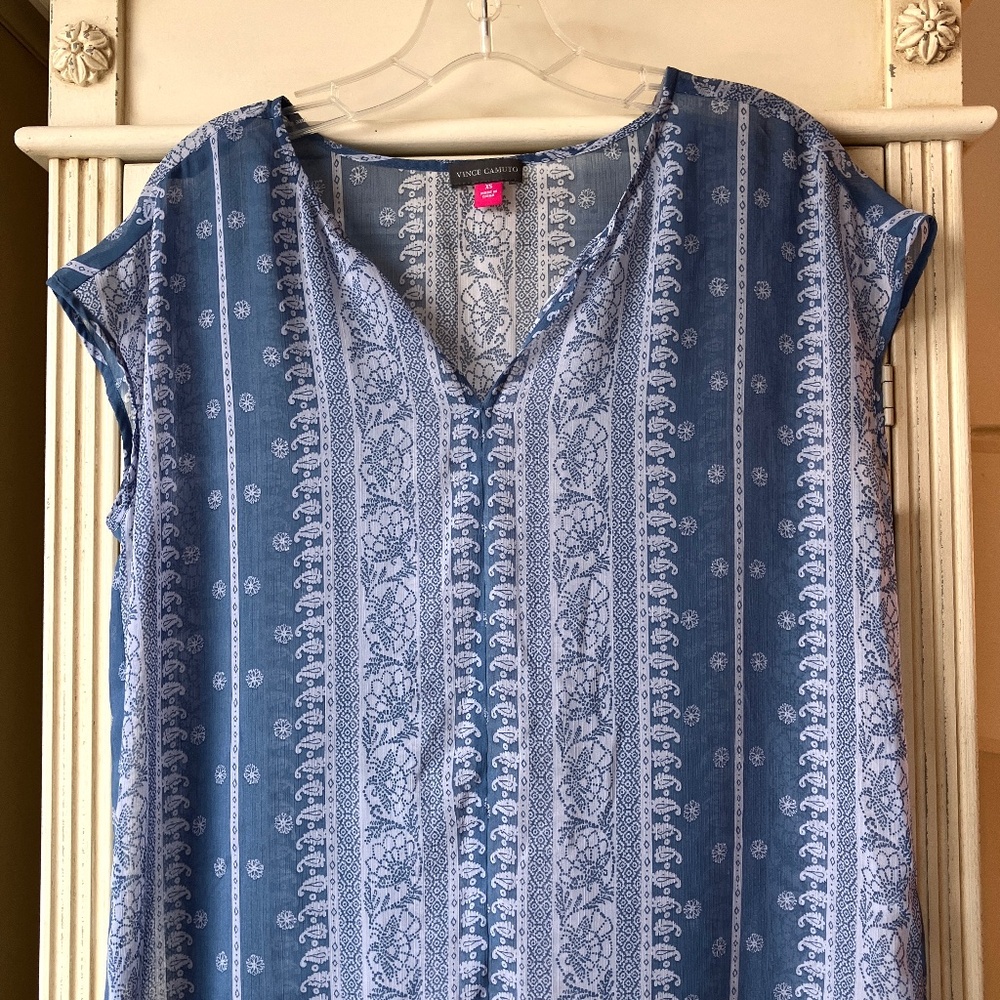Vince Camuto Sheer Sleeveless Top-French Blue + White Handkerchief Print